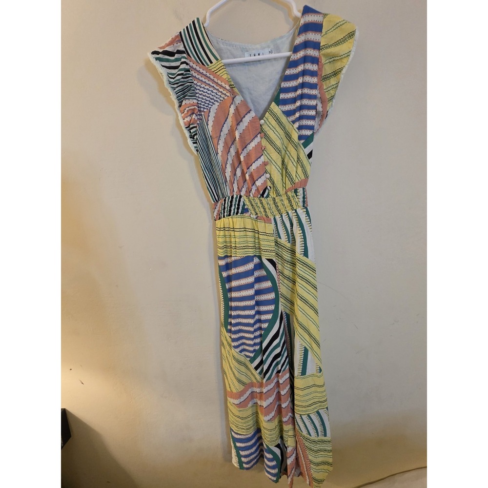 THML Women's Sz XS Daphine Pattern Wide Leg Cropped Ruffle Fringe Boho Jumpsuit